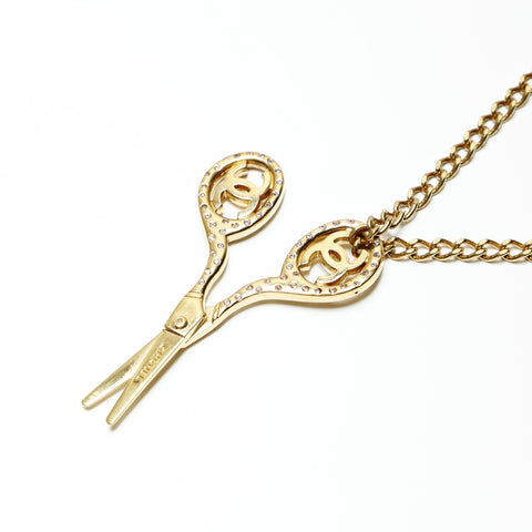 CHANEL 02P 2002 COCO Mark Scissors Rhinestone Necklace gold WS23922