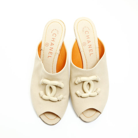 CHANEL Canvas sandals with heels, COCO Mark, size 36 1/2 pumps beige WS23931
