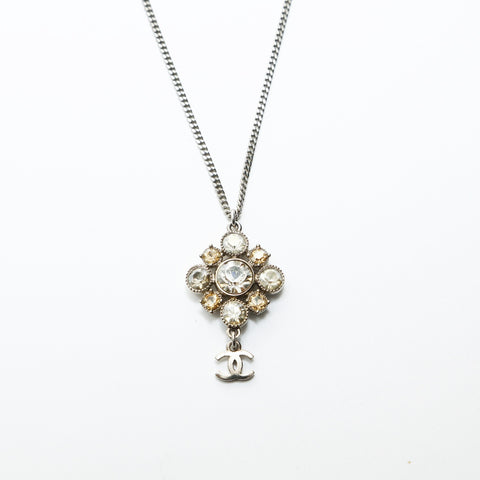 CHANEL 10V 2010 Rhinestone COCO Mark Necklace Silver WS23948