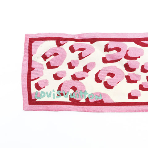 LOUIS VUITTON 100% Silk Bandeau Scarf with Ribbon, Leopard Print scarf pink WS24039