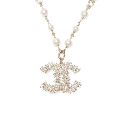 CHANEL 11P 2011 COCO Mark 水钻珍珠项链 金色 WS24074