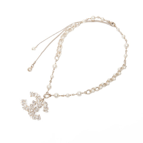 CHANEL 11P 2011 COCO Mark Rhinestone Pearl Necklace gold WS24074