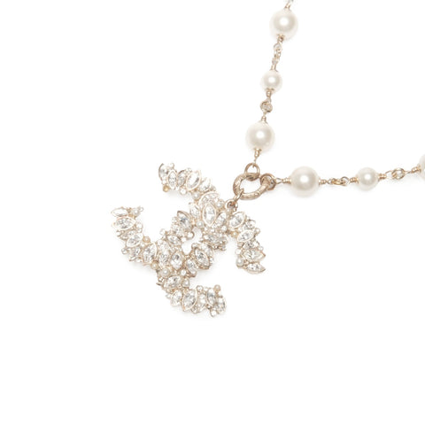 CHANEL 11P 2011 COCO Mark 水钻珍珠项链 金色 WS24074