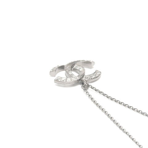 CHANEL A18P 2018 COCO Mark Rhinestone Necklace Silver WS24103