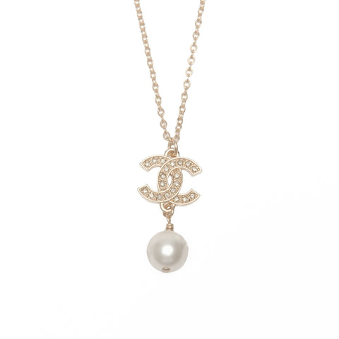 CHANEL A16A 2016 COCO Mark Pearl Rhinestone Necklace gold WS24109