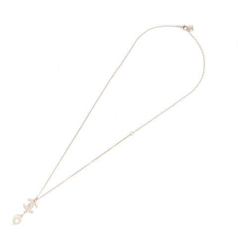 CHANEL A16A 2016 COCO Mark Pearl Rhinestone Necklace gold WS24109