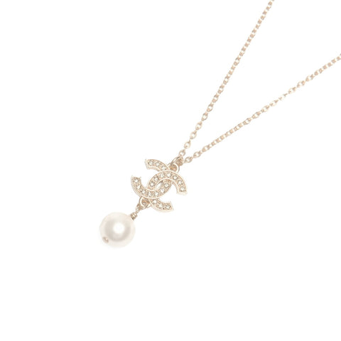 CHANEL A16A 2016 COCO Mark Pearl Rhinestone Necklace gold WS24109