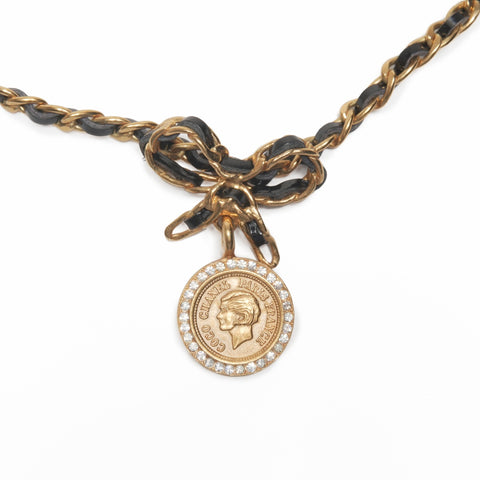 CHANEL 96A 1996 Logo Rhinestone Coin Ribbon Necklace gold WS24112