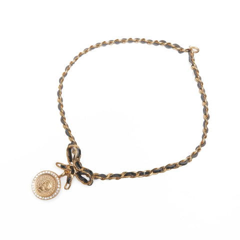 CHANEL 96A 1996 Logo Rhinestone Coin Ribbon Necklace gold WS24112