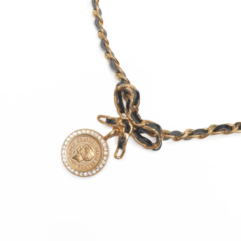 CHANEL 96A 1996 Logo Rhinestone Coin Ribbon Necklace gold WS24112