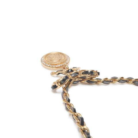 CHANEL 96A 1996 Logo Rhinestone Coin Ribbon Necklace gold WS24112