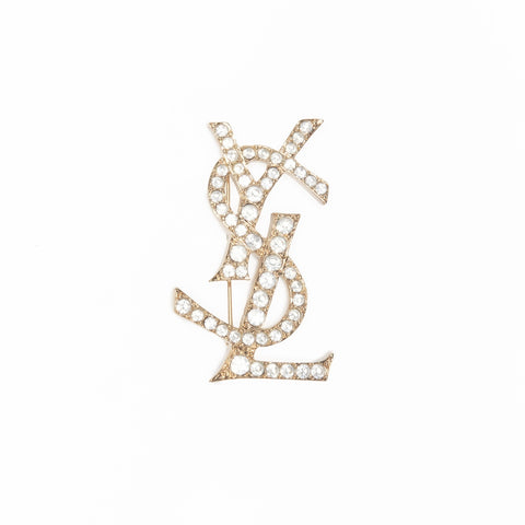 YVES SAINT LAURENT Rhinestone logo Brooch gold WS24120