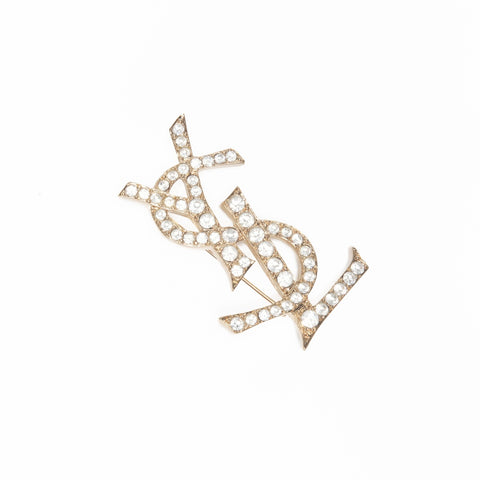 YVES SAINT LAURENT Rhinestone logo Brooch gold WS24120