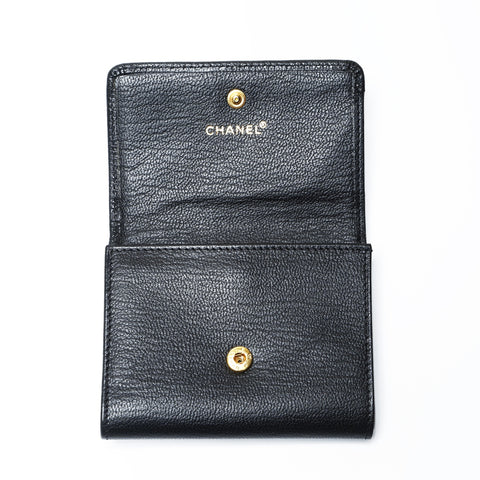 CHANEL No. 6 2000-2002 Calfskin Leather COCO Mark Compact Tri-fold wallet black WS24150