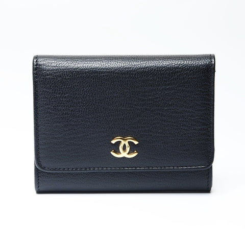 CHANEL No. 6 2000-2002 Calfskin Leather COCO Mark Compact Tri-fold wallet black WS24150
