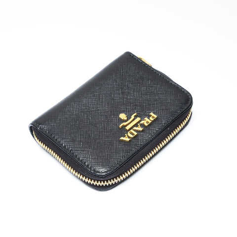 PRADA Saffiano Leather Round Zip Coin Case Compact Wallet Coin case black WS24225