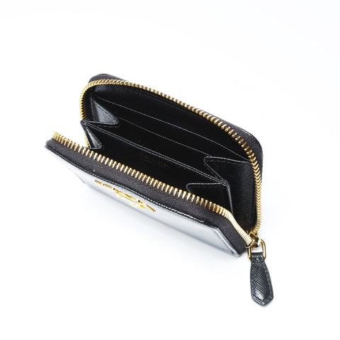 PRADA Saffiano Leather Round Zip Coin Case Compact Wallet Coin case black WS24225