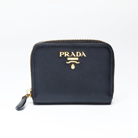 PRADA Saffiano 皮革圆形拉链零钱包紧凑型钱包零钱包黑色 WS24225