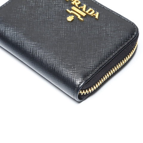 PRADA Saffiano Leather Round Zip Coin Case Compact Wallet Coin case black WS24225