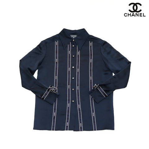 CHANEL COCO Button Ribbon Silk Size 36 1994 blouse silk black WS2433