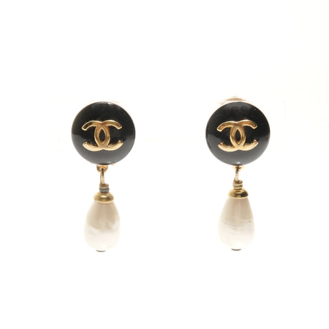 CHANEL 95A 1995 COCO Mark Black Round Pearl Earring Gold black WS24447