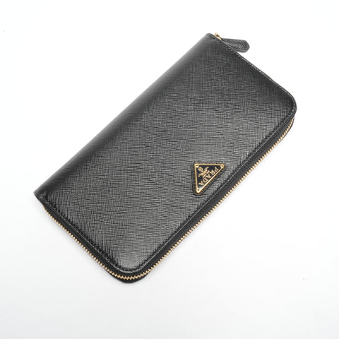 PRADA Leather logo round zip Purse black WS24457