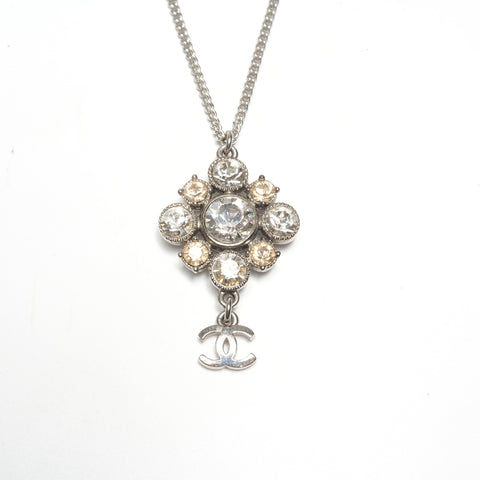 CHANEL C11 V 2011 COCO Mark Crystal Flower Necklace Silver WS24463