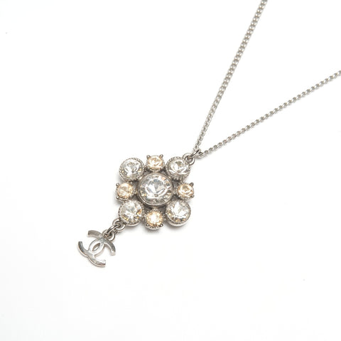 CHANEL C11 V 2011 COCO Mark Crystal Flower Necklace Silver WS24463