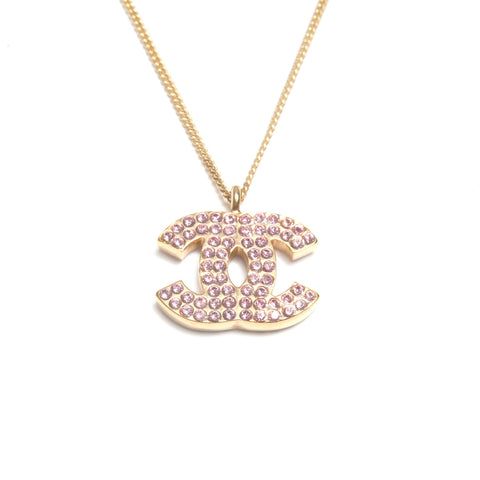 CHANEL 02P COCO Mark Rhinestone Pink Necklace gold WS24502