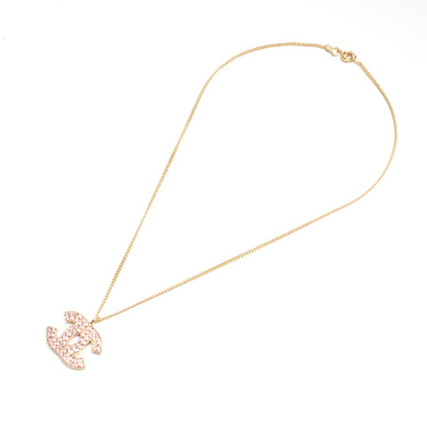 CHANEL 02P COCO Mark Rhinestone Pink Necklace gold WS24502