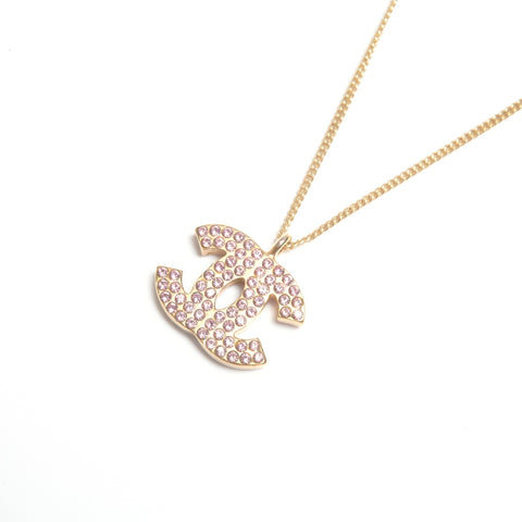 CHANEL 02P COCO Mark Rhinestone Pink Necklace gold WS24502