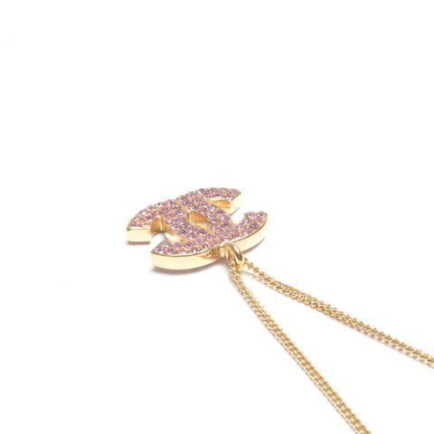 CHANEL 02P COCO Mark Rhinestone Pink Necklace gold WS24502
