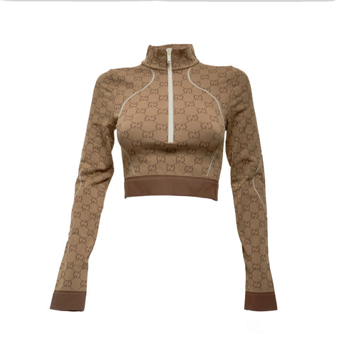 GUCCI GG Pattern Half-Zip Cropped Jersey, Size S Long sleeve shirt Brown WS24606