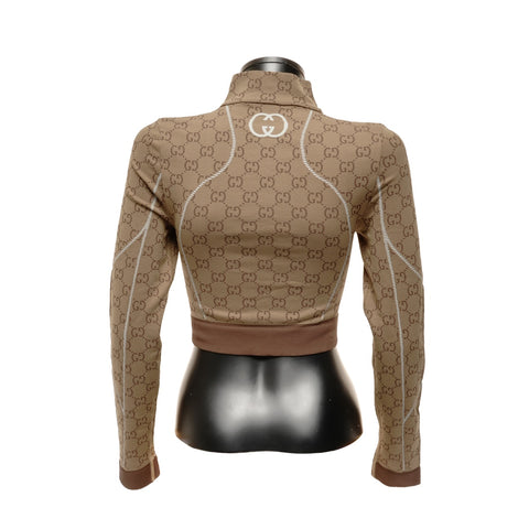 GUCCI GG Pattern Half-Zip Cropped Jersey, Size S Long sleeve shirt Brown WS24606