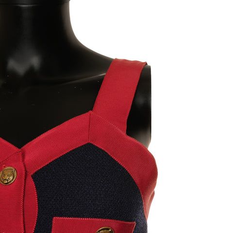 GUCCI 2019 Stainless Steel Retro Tweed Sleeveless Top with Tiger Buttons one piece Navy WS24612