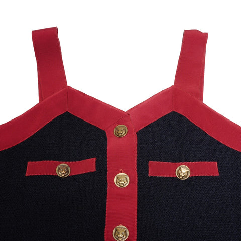 GUCCI 2019 Stainless Steel Retro Tweed Sleeveless Top with Tiger Buttons one piece Navy WS24612