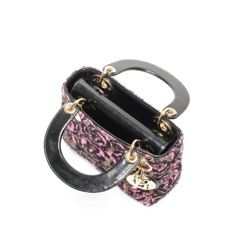 Christian Dior Patent Leather Lady's Small Rose Wool Handbag Black pink WS24626