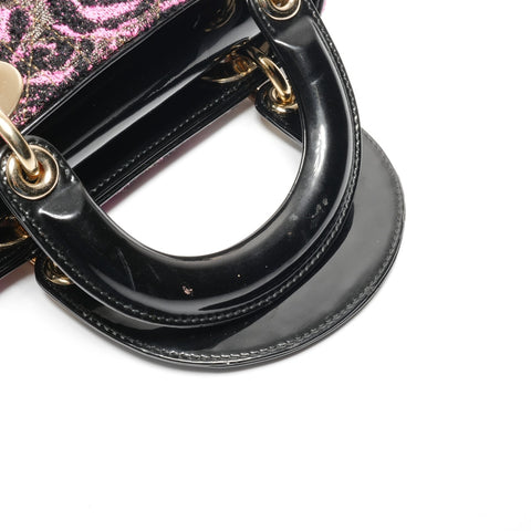 Christian Dior Patent Leather Lady's Small Rose Wool Handbag Black pink WS24626