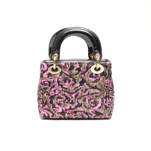 Christian Dior Patent Leather Lady's Small Rose Wool Handbag Black pink WS24626