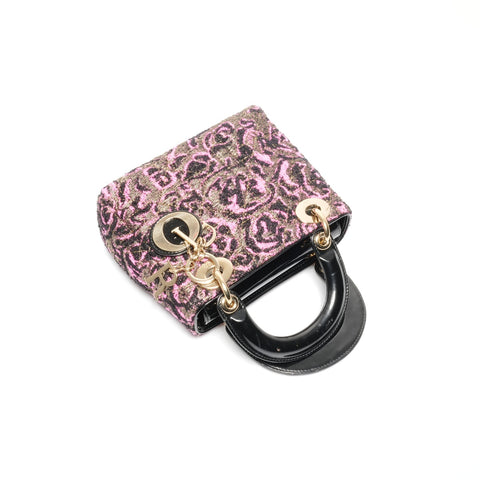 Christian Dior Patent Leather Lady's Small Rose Wool Handbag Black pink WS24626