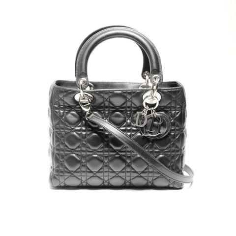 Christian Dior Medium Lady Dior Silberne Metallhandtasche schwarz WS24628