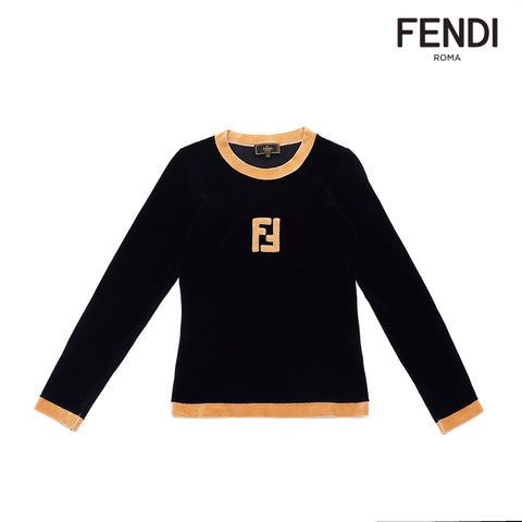 Fendi Größe 38 1990 Langarm T-Shirt Cotton Schwarz x Beige WS2462