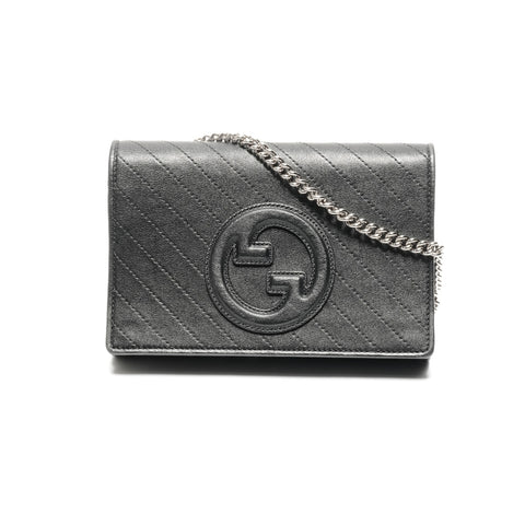 GUCCI Leather Blondie Chain Shoulder Bag Navy WS24649
