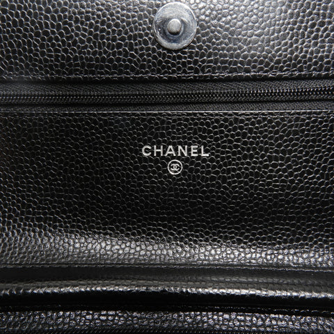 CHANEL Caviar Skin Chain Wallet SilverMetal Shoulder Bag black WS24655
