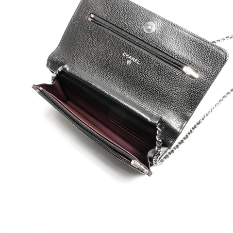 CHANEL Caviar Skin Chain Wallet SilverMetal Shoulder Bag black WS24655