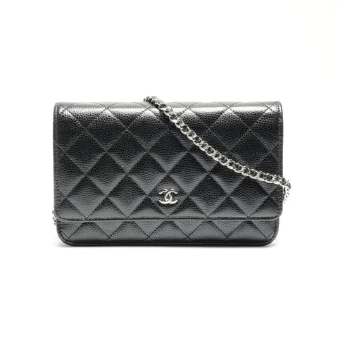 CHANEL Caviar Skin Chain Wallet SilverMetal Shoulder Bag black WS24655