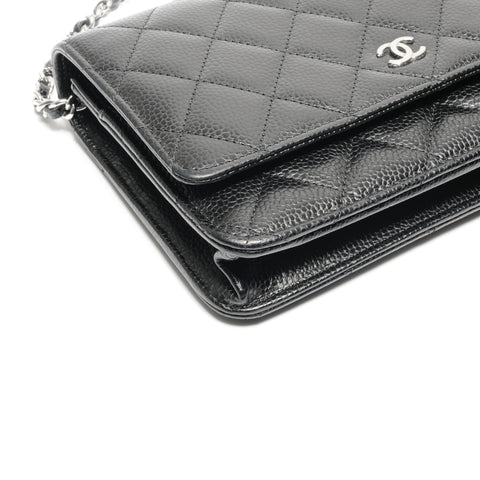 CHANEL Caviar Skin Chain Wallet SilverMetal Shoulder Bag black WS24655