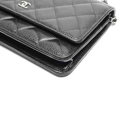 CHANEL Caviar Skin Chain Wallet SilverMetal Shoulder Bag black WS24655