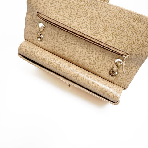 CHANEL No. 7 Caviar 2002-2003 Matelasse Double Flap 9.8" Shoulder Bag beige WS24683