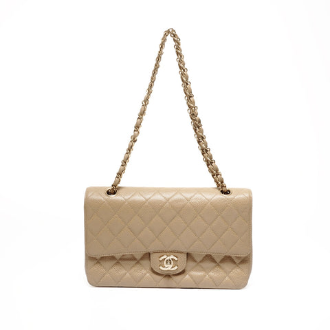 CHANEL No. 7 鱼子酱 2002-2003 马特拉斯双翻盖 9.8 英寸单肩包米色 WS24683